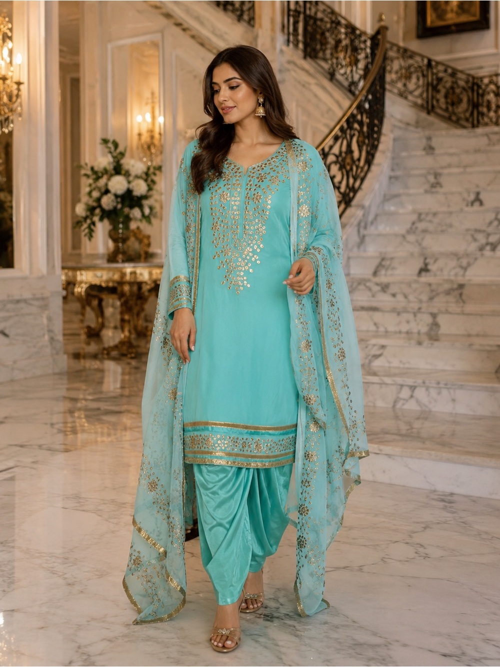 Salwar Kameez Suit Gold Embroidery Dupatta Ethnic 3 Piece Turquoise Blue